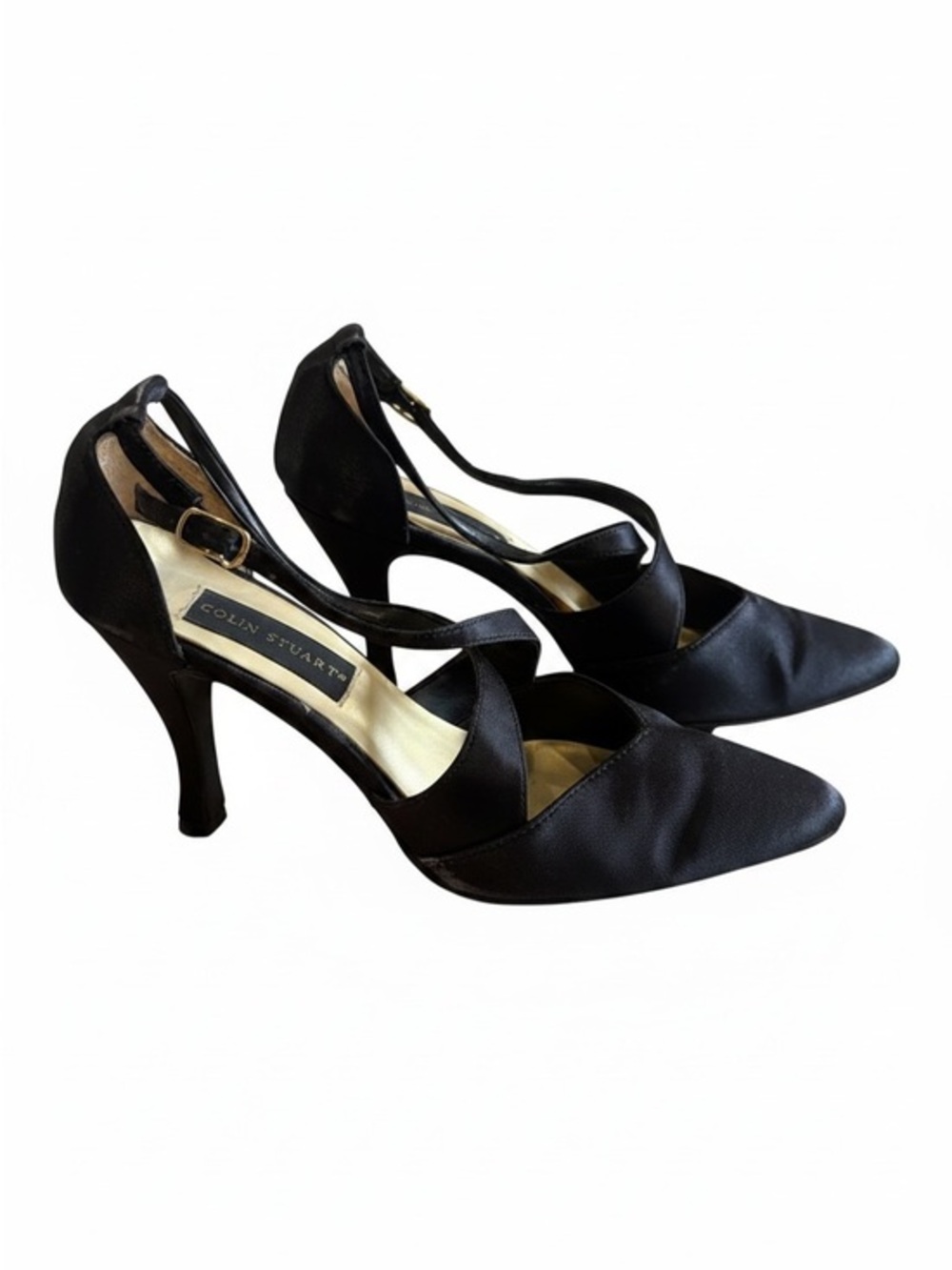 Colin Stuart Black Satin Pointed-Toe Crisscross Heels